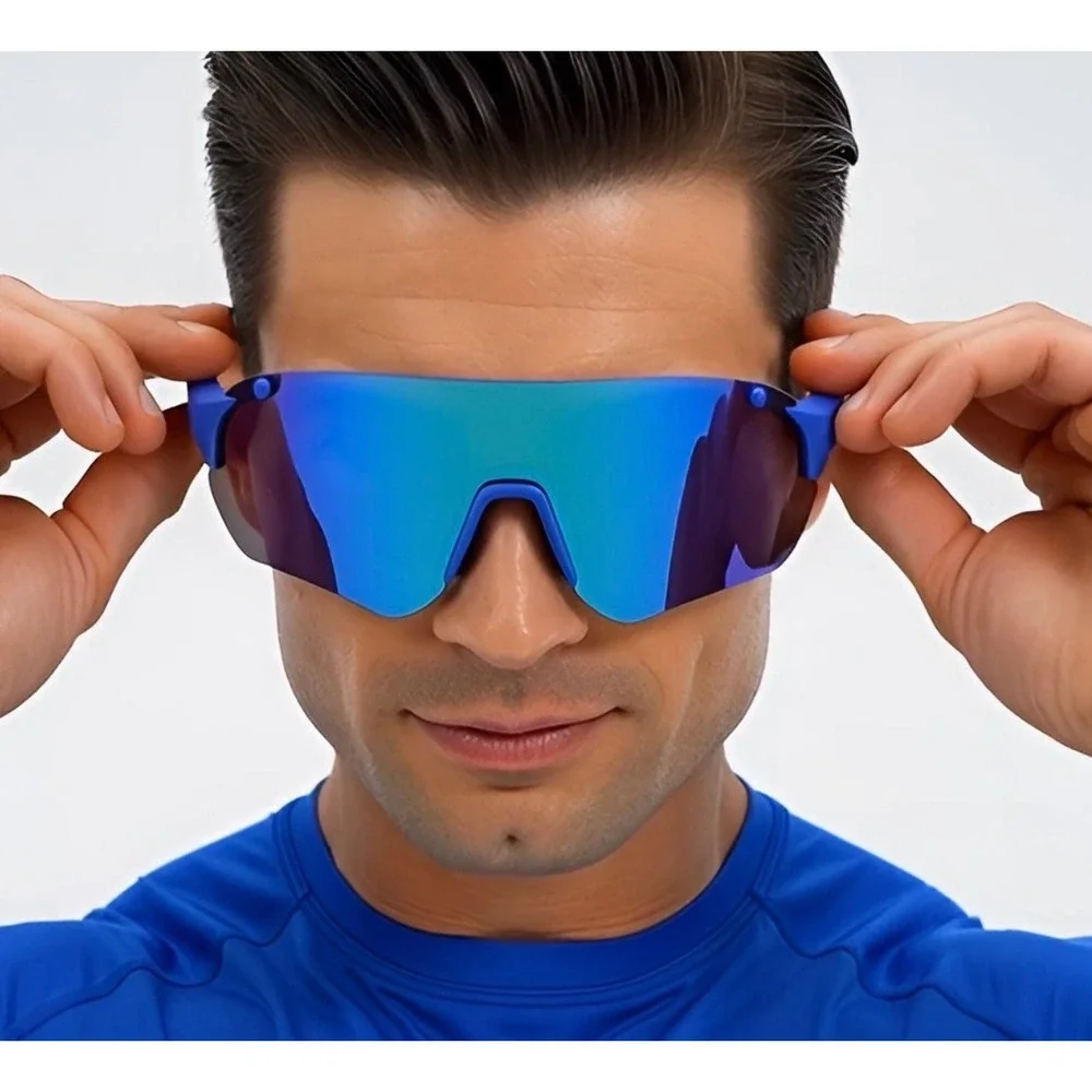 Sport Men Sunglasses Fashion Blue Mirrored Lens‎ Shield Visor Cycling Running